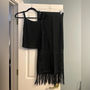 House of Harlow 1960 Black Fringe Knit Skirt Set
